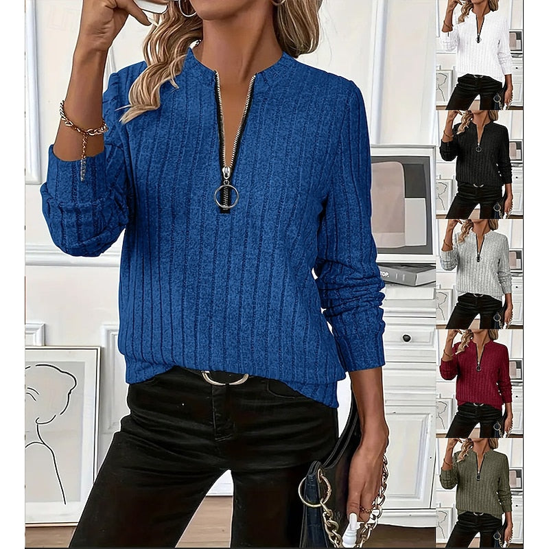 Ribbed Zip-Neck Top in Soft Fabric for Casual Wear and Layering