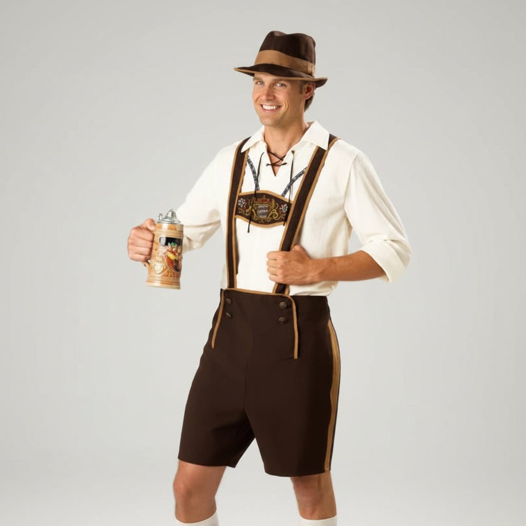 Men's Oktoberfest Costume Lederhosen Outfit with Suspenders and Lace-Up Corset