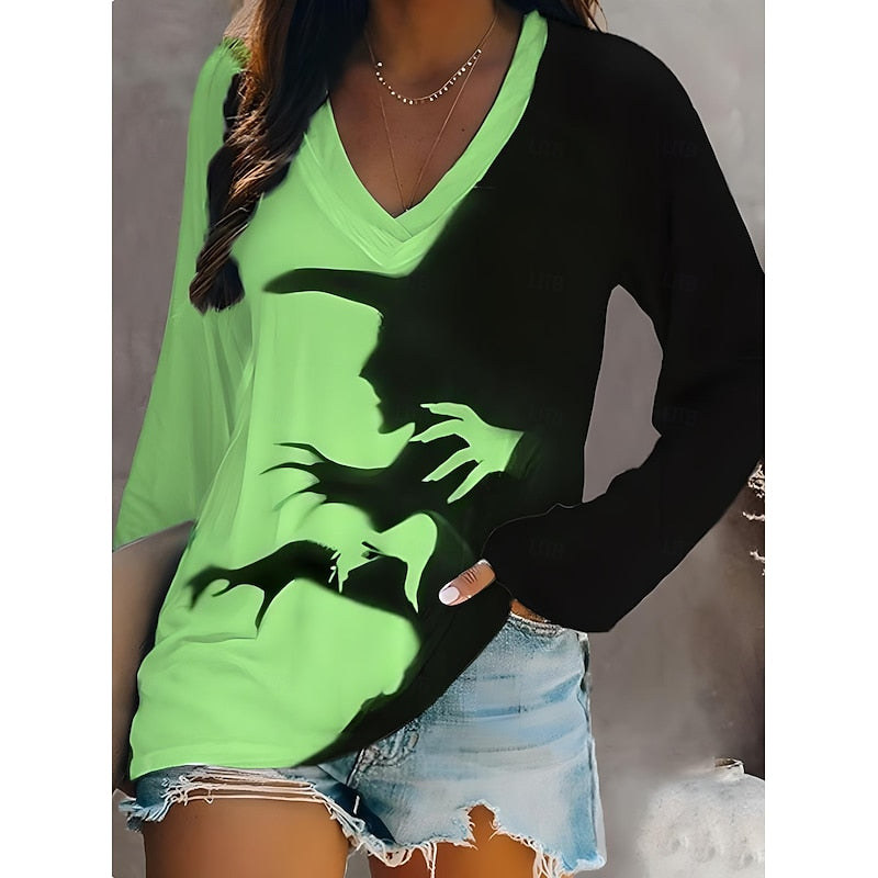 Halloween Graphic V-Neck Top for Women - Spooky Theme Casual Wear