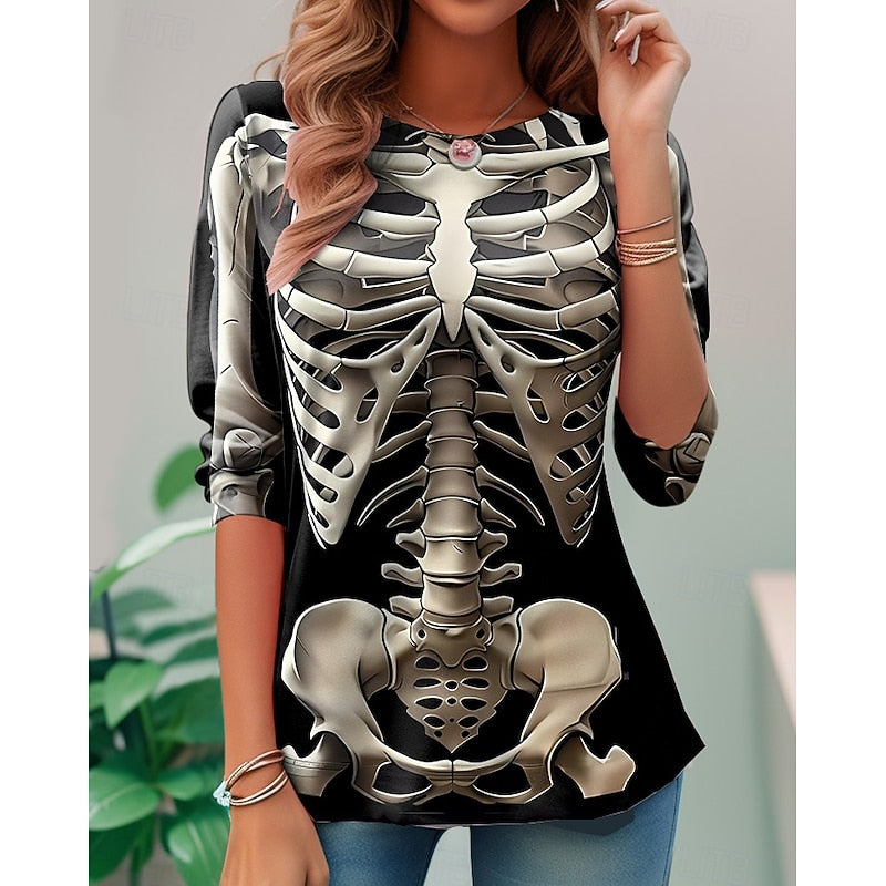 Halloween Skeleton Long-Sleeve T-Shirt for Women, Casual Spooky Style