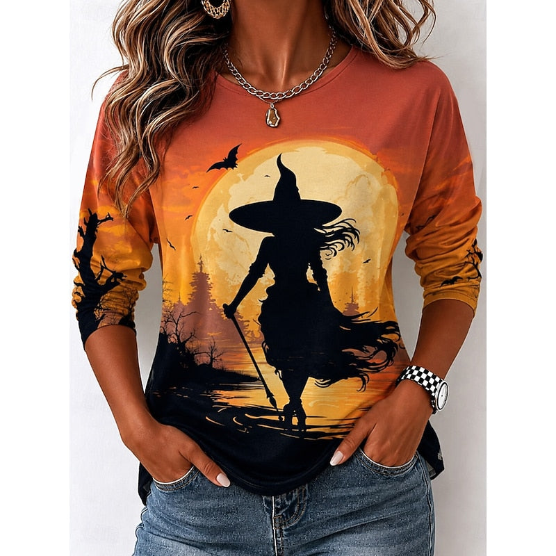 Halloween Witch Graphic Long Sleeve T-Shirt for Autumn Casual Wear