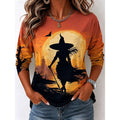 Halloween Witch Graphic Long Sleeve T-Shirt for Autumn Casual Wear