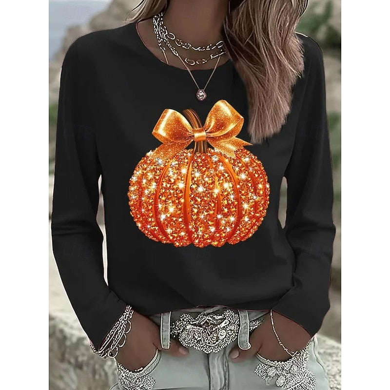 Sparkling Halloween Pumpkin Graphic Top | Women's Casual Costume Shirt