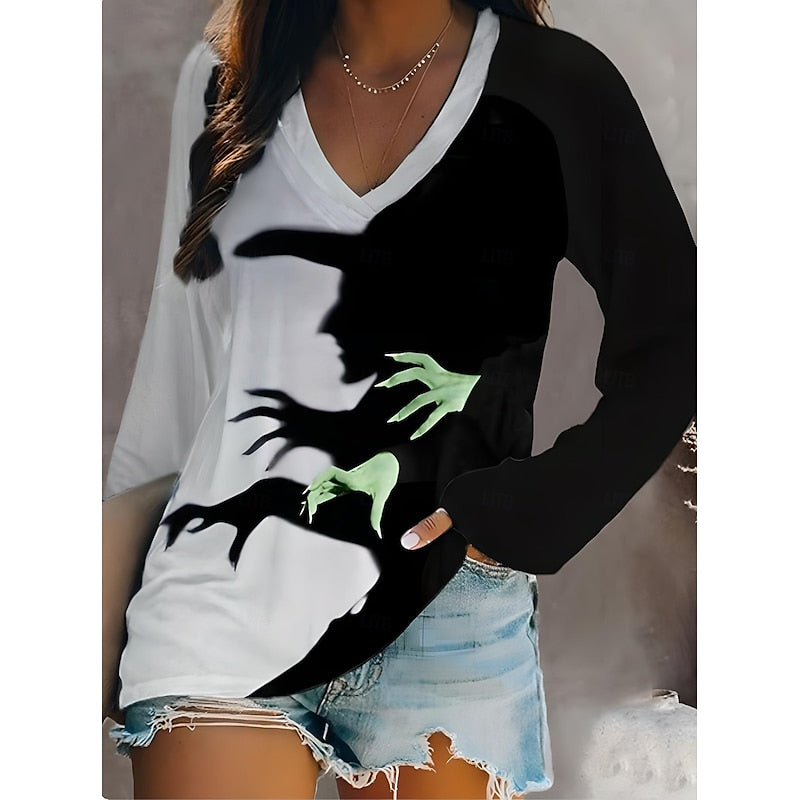 Halloween Graphic V-Neck Top for Women - Spooky Theme Casual Wear