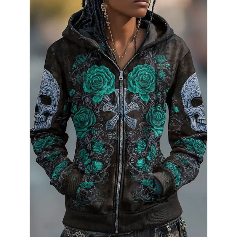 Skull & Rose Halloween Zip-Up Hoodie for Men and Women, Cotton Blend