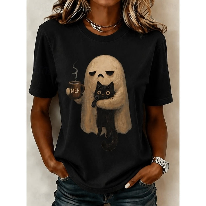 Ghost Cat Halloween T-Shirt for Women | Soft Cotton Tee with Spooky Design