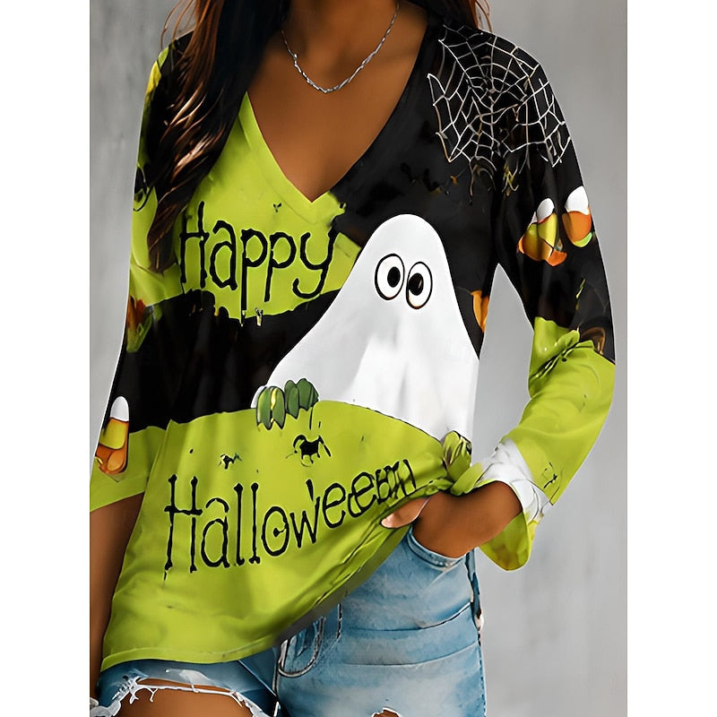 Halloween Graphic V-Neck Top for Women | Autumn-Inspired Casual Wear