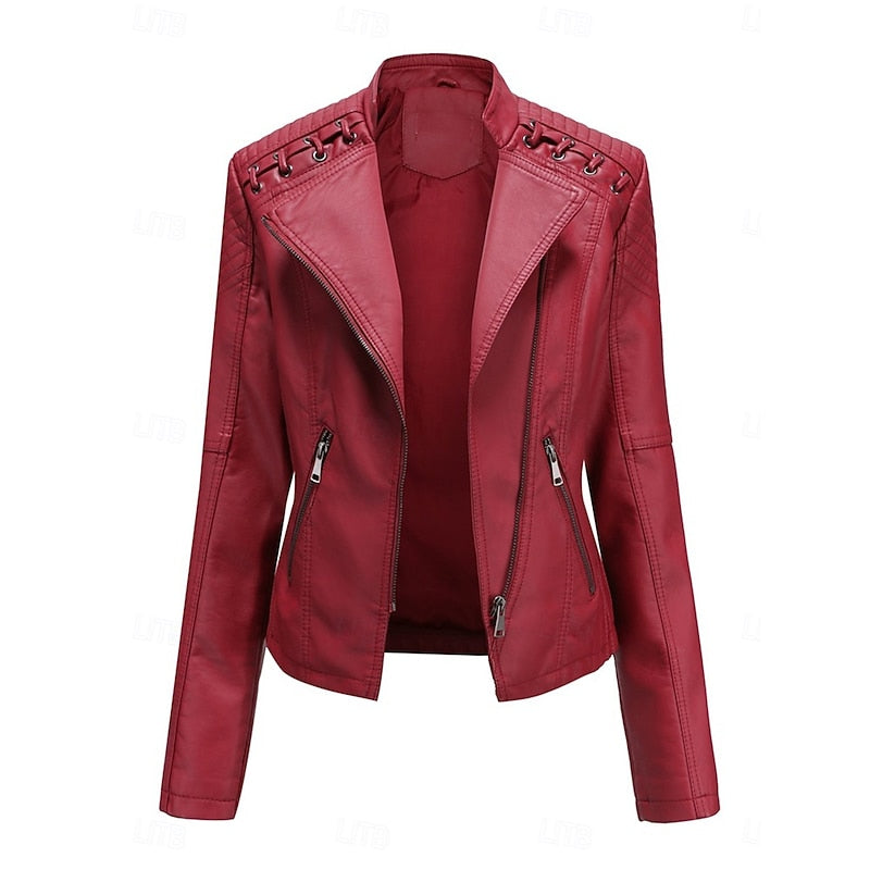 Sleek Faux Leather Biker Jacket for Women - Stylish Casual Outerwear