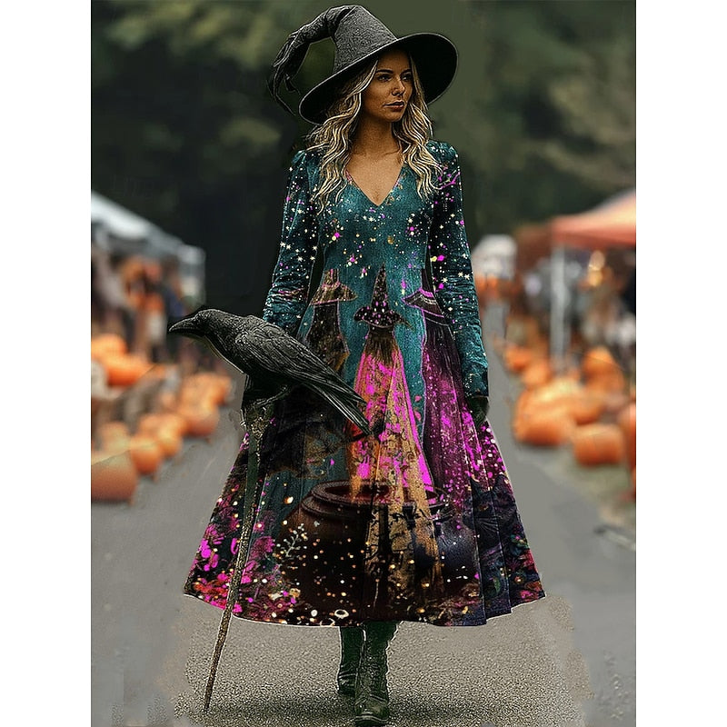 Halloween Witch Print A-Line Maxi Dress for Women in Soft Cotton Fabric