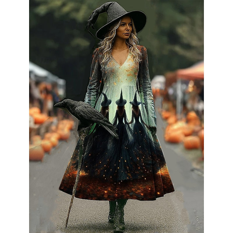 Halloween Witch Print A-Line Maxi Dress for Women in Soft Cotton Fabric