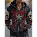 Skull & Rose Halloween Zip-Up Hoodie for Men and Women, Cotton Blend