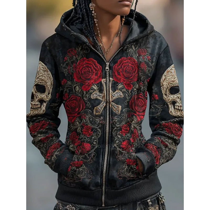 Skull & Rose Halloween Zip-Up Hoodie for Men and Women, Cotton Blend