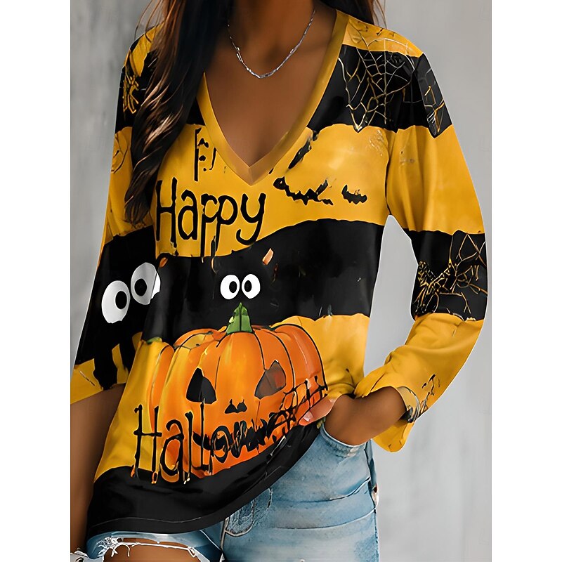 Halloween Graphic V-Neck Top for Women | Autumn-Inspired Casual Wear