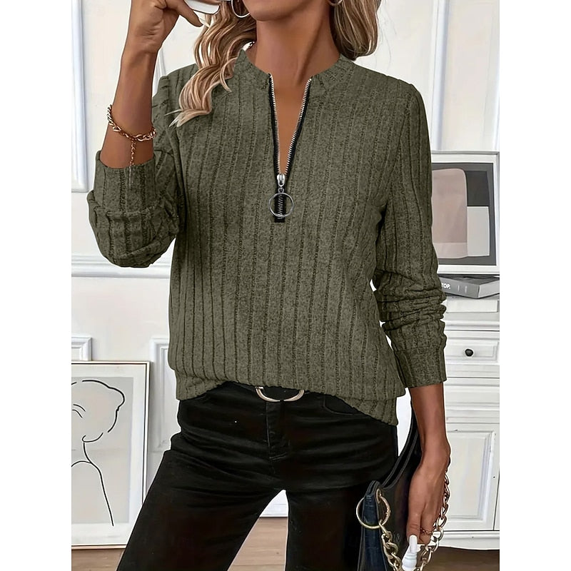 Ribbed Zip-Neck Top in Soft Fabric for Casual Wear and Layering