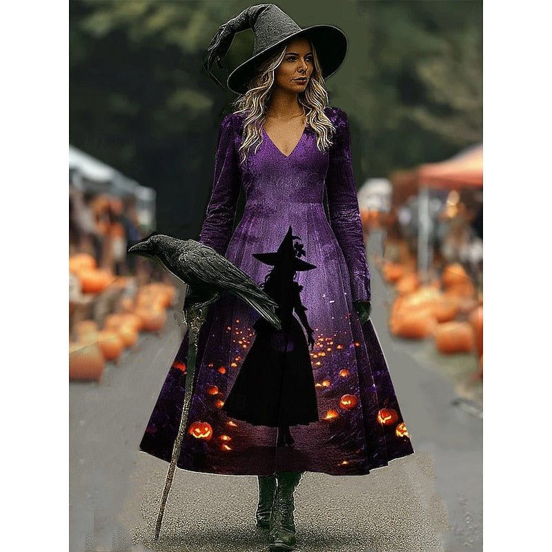 Halloween Witch Print A-Line Maxi Dress for Women in Soft Cotton Fabric