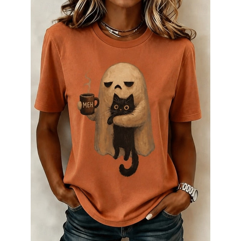 Ghost Cat Halloween T-Shirt for Women | Soft Cotton Tee with Spooky Design