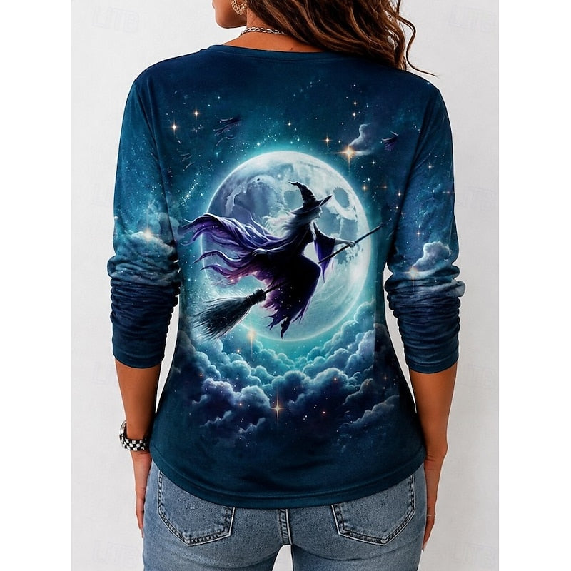 Halloween Witch Graphic Long Sleeve T-Shirt for Autumn Casual Wear