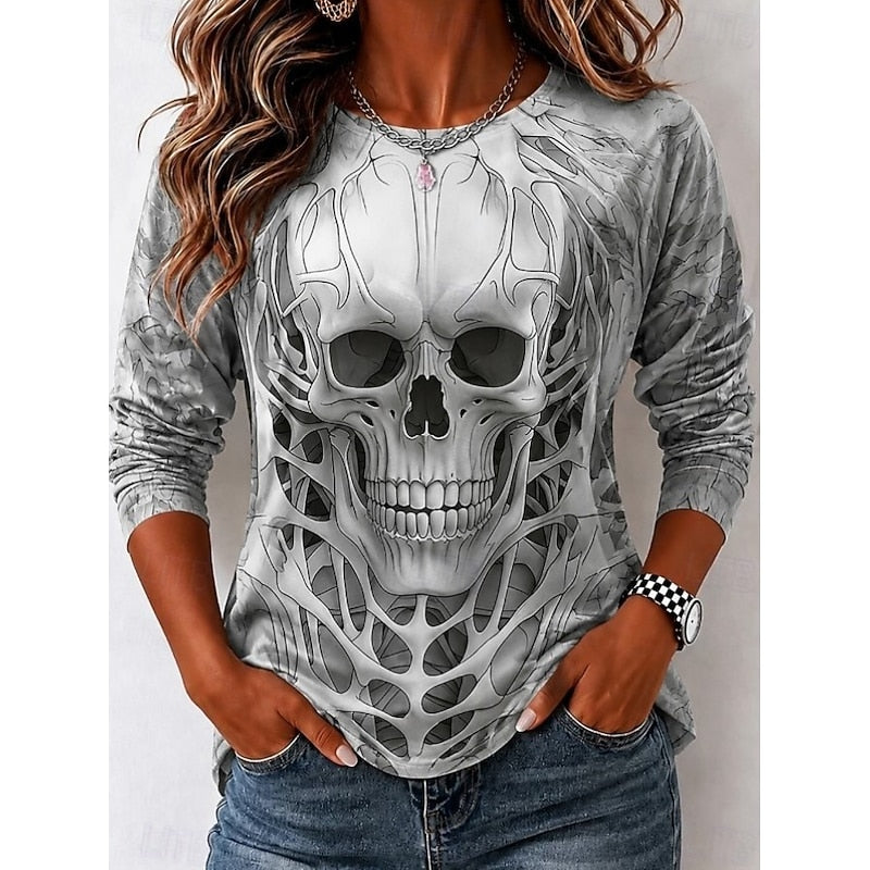 Halloween Skull Graphic Long Sleeve Top for Women, Cotton Blend Casual Tee