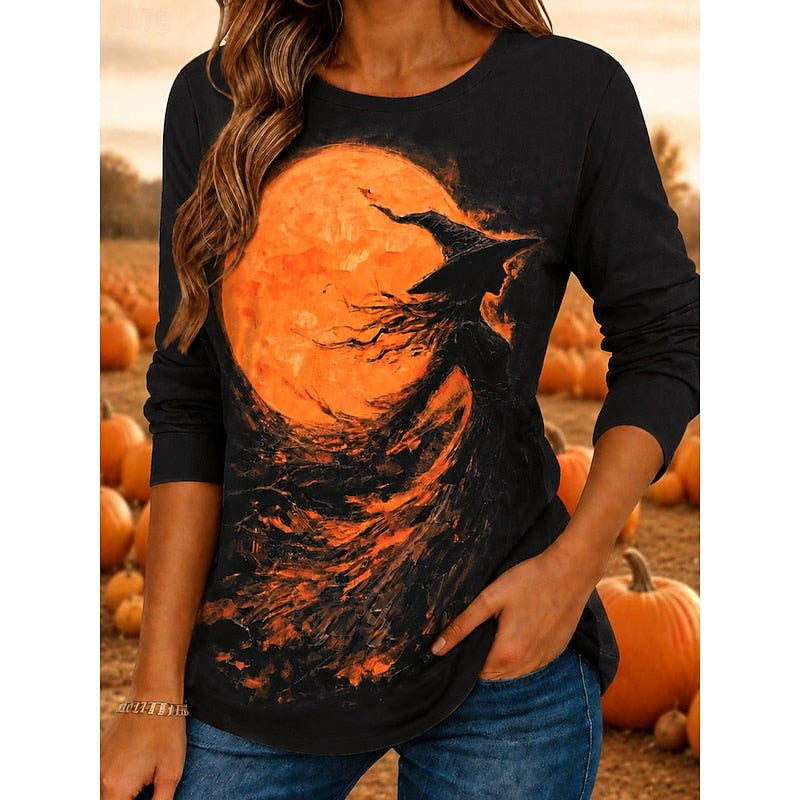 Witch Graphic Long-Sleeve Top | Halloween Theme | Soft Cotton Blend