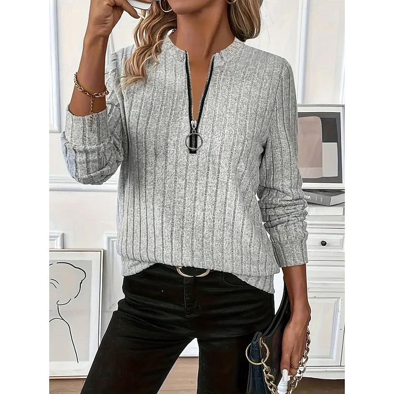 Ribbed Zip-Neck Top in Soft Fabric for Casual Wear and Layering