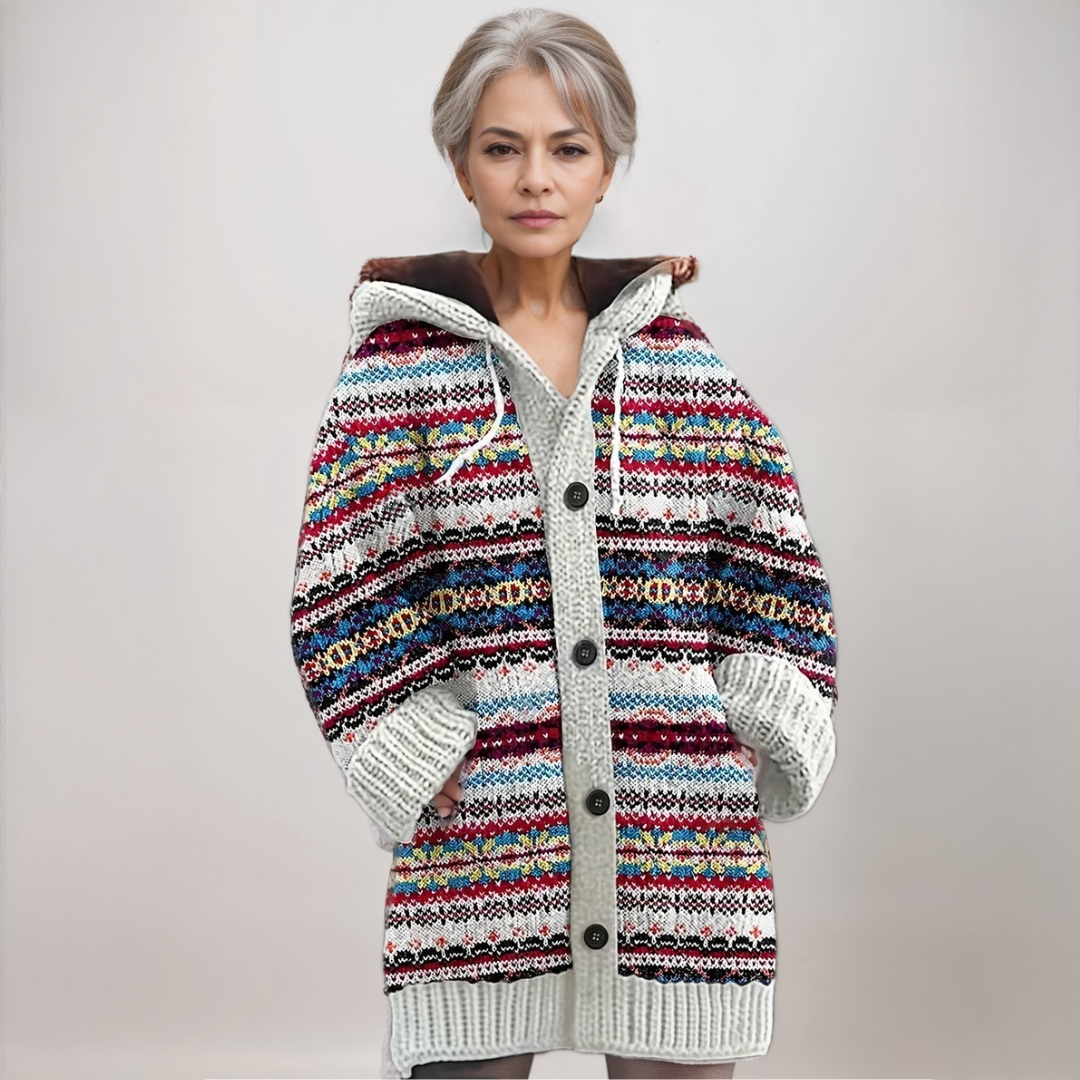 Fair Isle Knit Hooded Cardigan for Women - Cozy Winter Layering Sweater