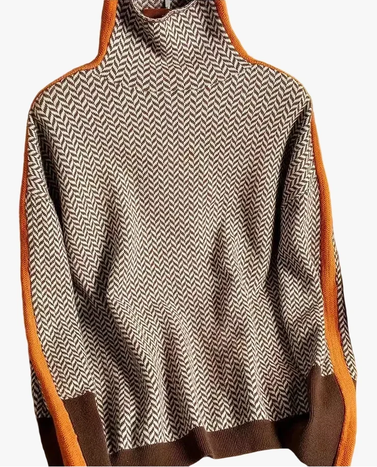 Women's Herringbone Turtleneck Jumper with Striped Sleeves for Casual Wear