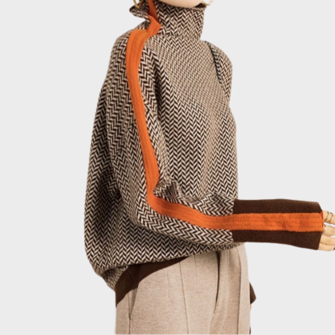Women's Herringbone Turtleneck Jumper with Striped Sleeves for Casual Wear