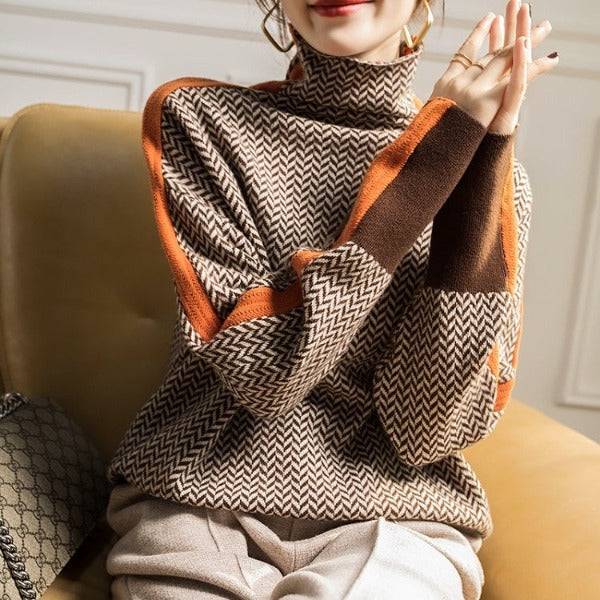 Women's Herringbone Turtleneck Jumper with Striped Sleeves for Casual Wear