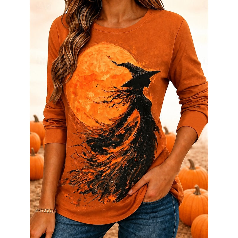 Witch Graphic Long-Sleeve Top | Halloween Theme | Soft Cotton Blend