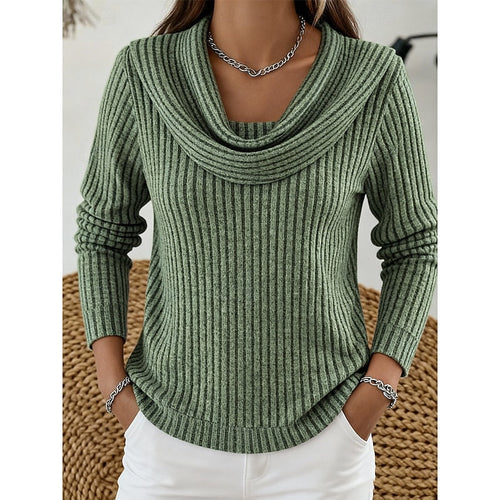 Cowl-Neck Ribbed Knit Top for Women - Casual Wear Sweater