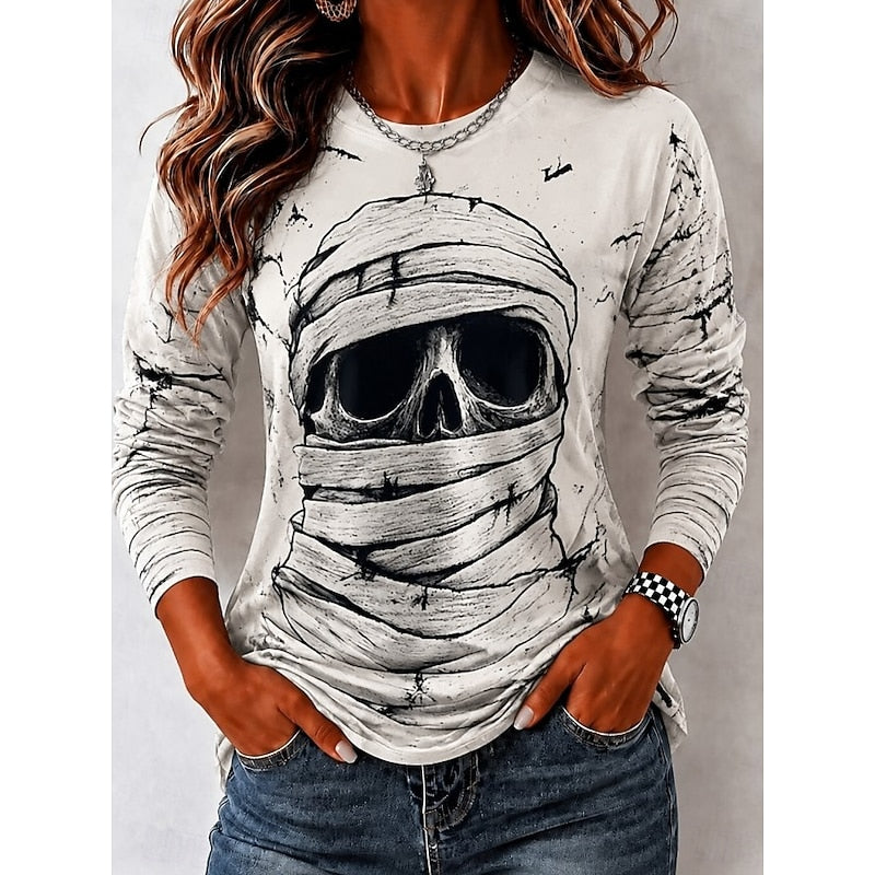 Halloween Skull Graphic Long Sleeve Top for Women, Cotton Blend Casual Tee