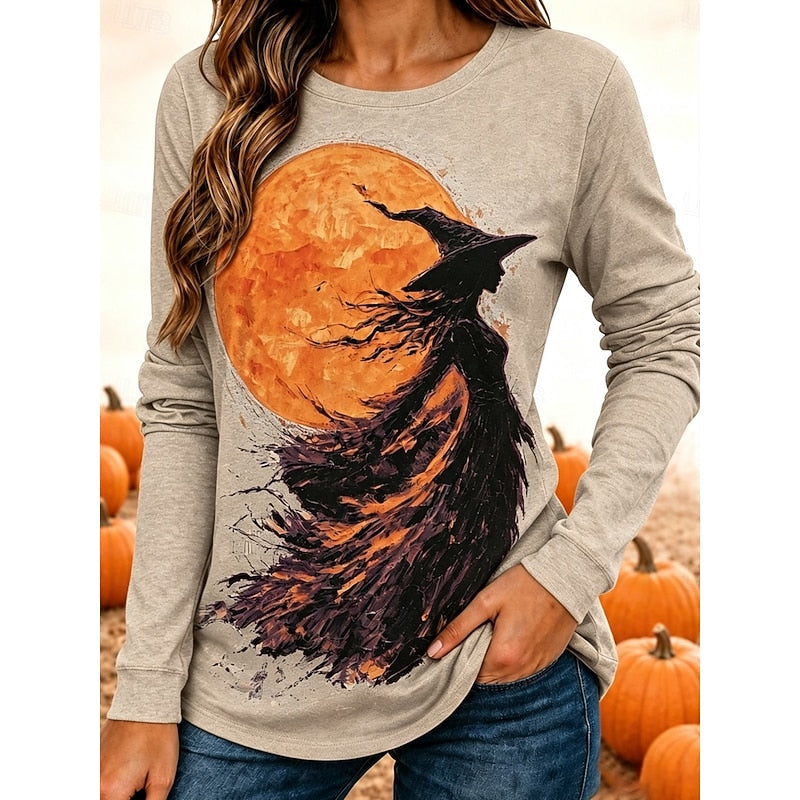 Witch Graphic Long-Sleeve Top | Halloween Theme | Soft Cotton Blend