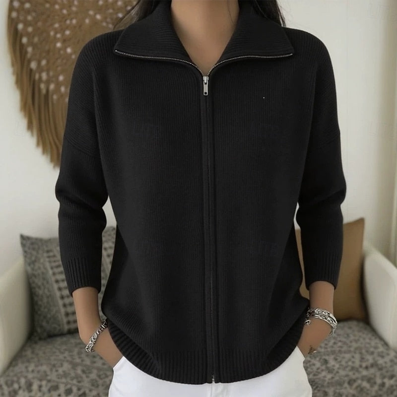 Stand Collar Zip Cardigan - Soft Knit - Women's Casual Outerwear