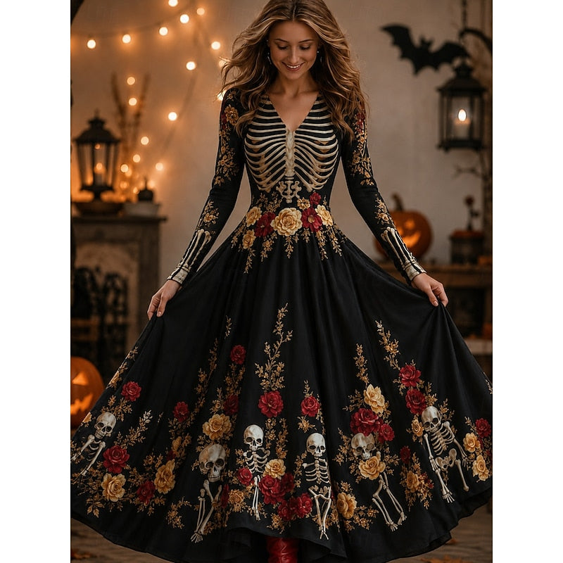 Halloween Skeleton Print Maxi Dress for Women - Spooky Style, Comfortable Fabric