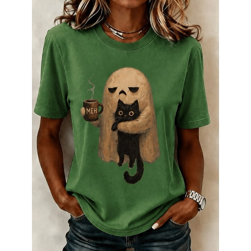 Ghost Cat Halloween T-Shirt for Women | Soft Cotton Tee with Spooky Design