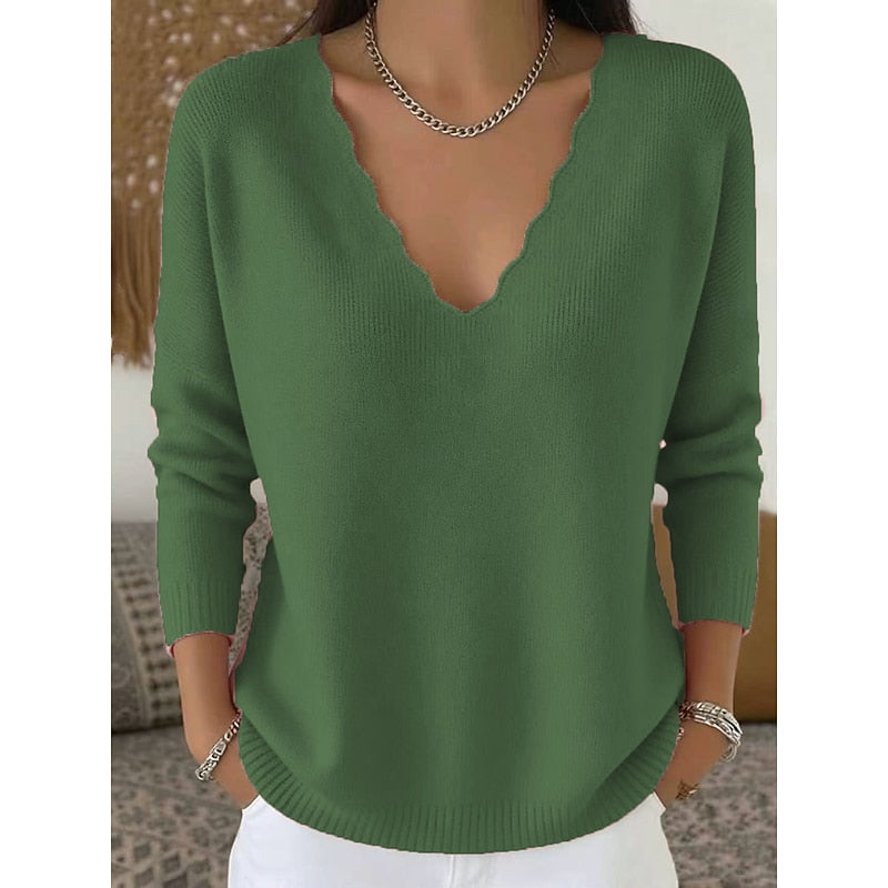 Scalloped V-Neck Halloween Pullover Sweater for Women, Cozy Casual Style